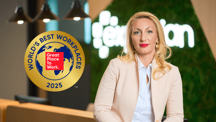 World's best workplaces image of logo and woman smiling at the camera in front of the Experian logo